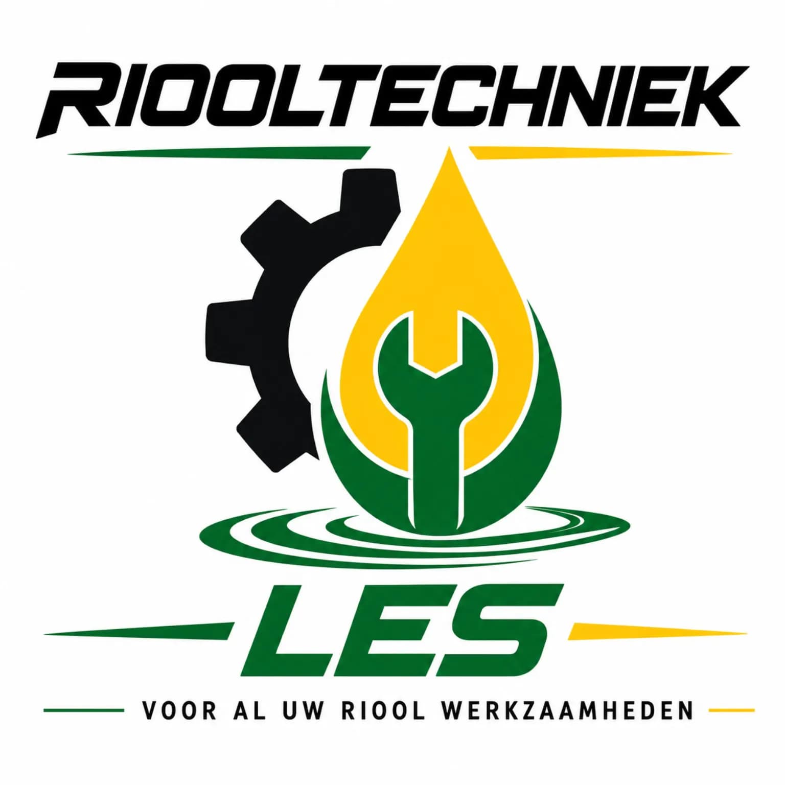 Logo van Riooltechniek Les met tandwiel, waterdruppel en steeksleutel.
