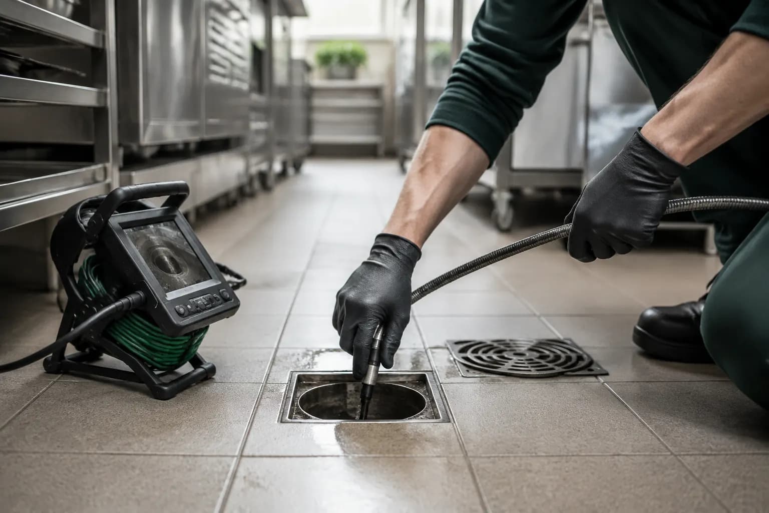 Rioolspecialist inspecteert een vloerput in een professionele keuken.