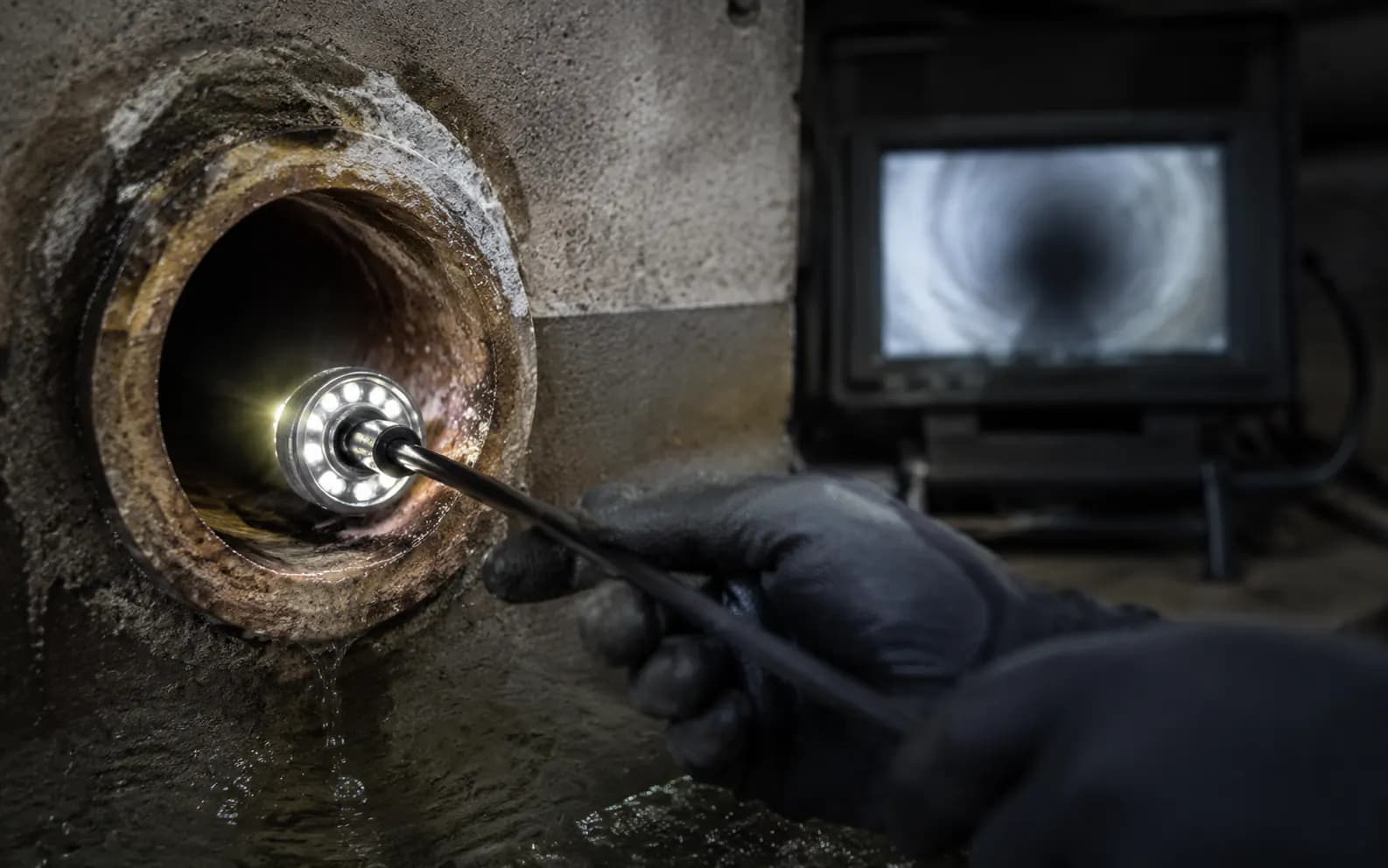 Verlichte rioolcamera wordt in een leidingopening ingebracht.