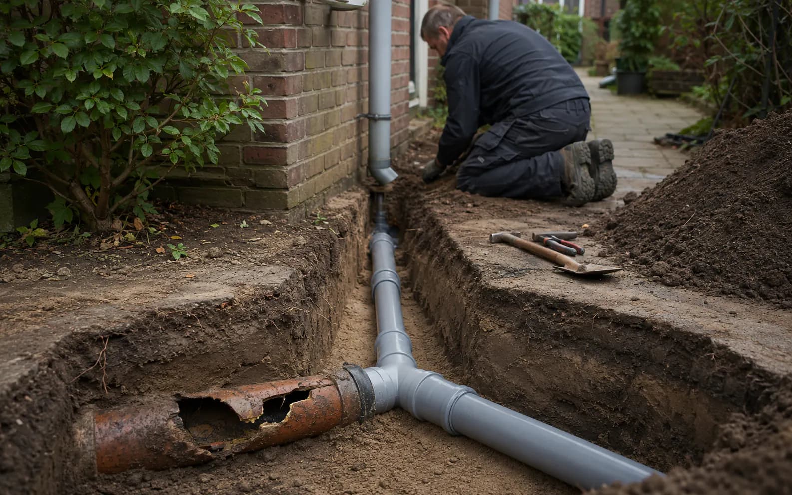 Illustratieve vervanging van een beschadigde oude leiding door PVC.