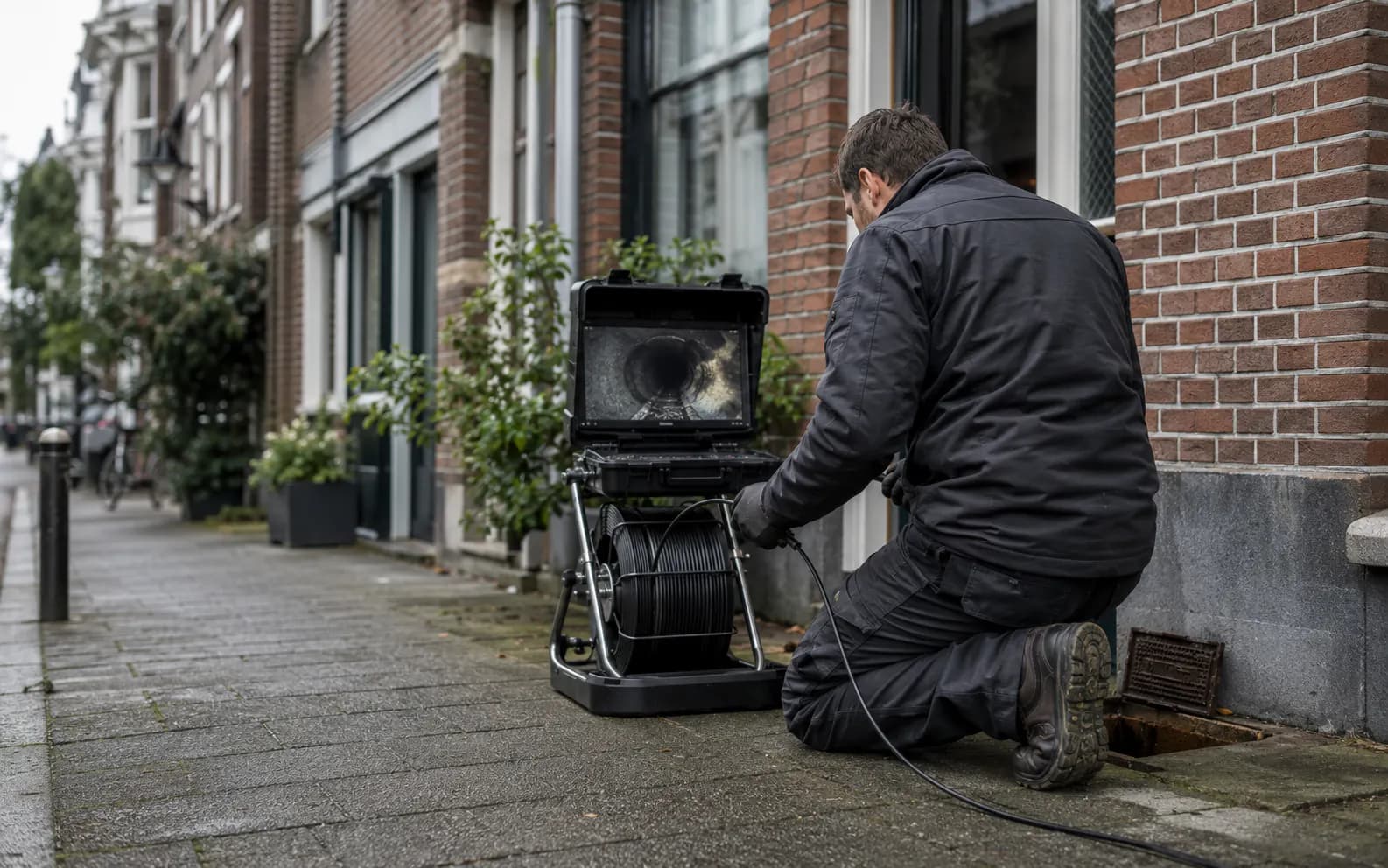 Rioolspecialist voert buiten een camera-inspectie uit bij een woning.