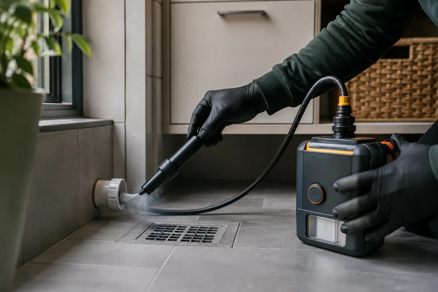 Rioolspecialist brengt inspectierook in bij een afvoer om een lek op te sporen.